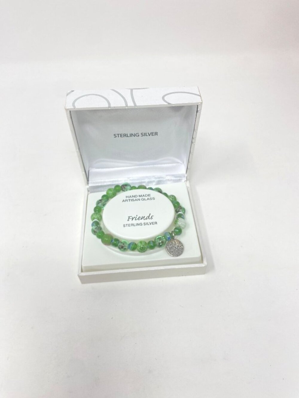 NWT Hand Made Artisan Green Glass Beads Bracelet Friends Sterling Silver Tag